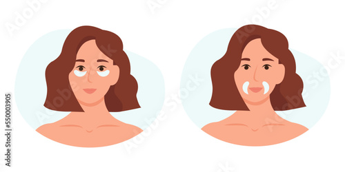 Cosmetic collagen eye patches against facial wrinkles. Home daily facial skin care. Vector illustration