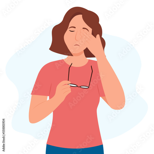 Woman suffers from sore eyes. Inflammation and sharp pain in eyes.  Redness eyes. Conjunctivitis, infection and allergies symptom. Vector illustration.