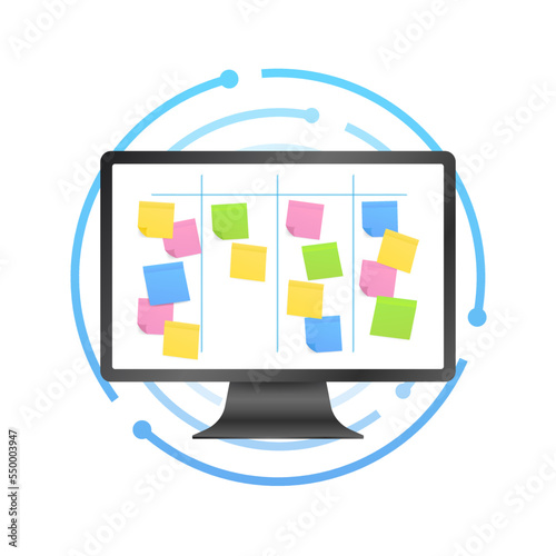 Board with Color Sticky Notes and Markers for Management on computer screen. Weekly planner.