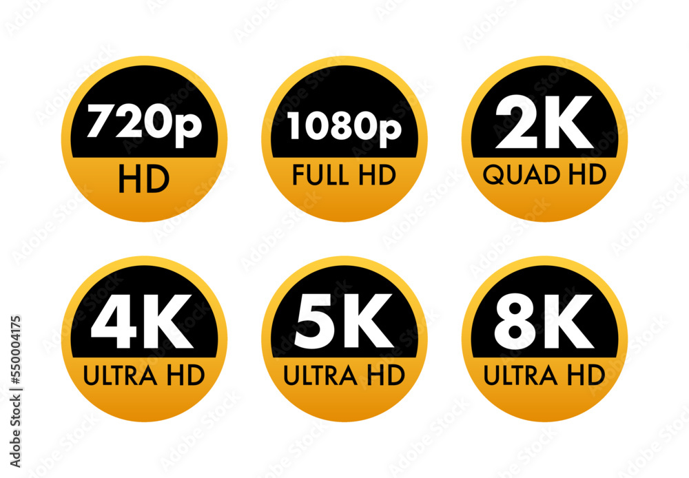 Video dimension labels. Video resolution 720, 1080, 2k, 4k, 8k badges. Quality design element. Vector stock illustration.