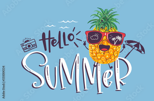 Hello summer inscription with pineapple illustration wearing sunglasses