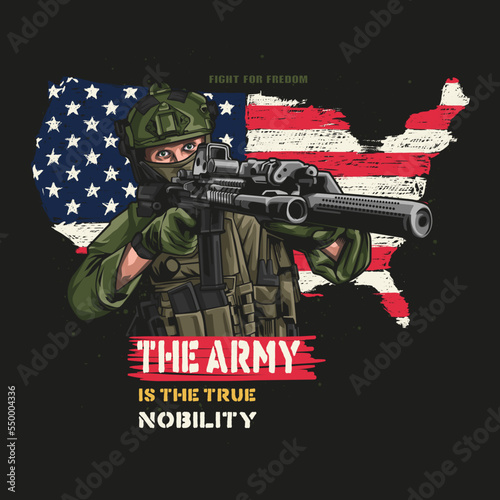 male soldier holding gun against USA flag background. Vector illustration