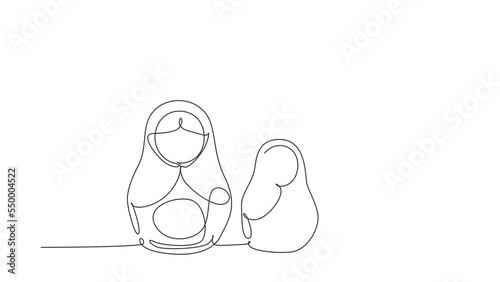 Animated self drawing of continuous line draw matryoshka russian nesting dolls of different sizes, souvenir from Russia. Traditional Russian matryoshka dolls. Full length single line animation photo