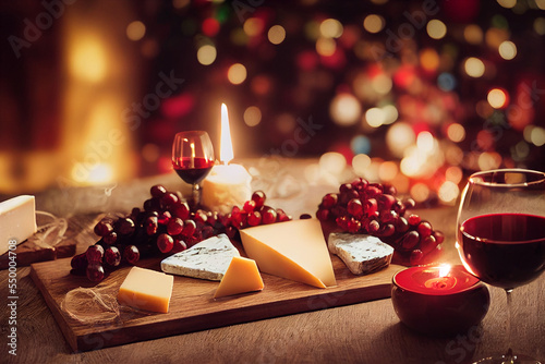 Fotografering Wine and cheese on a table christmas background