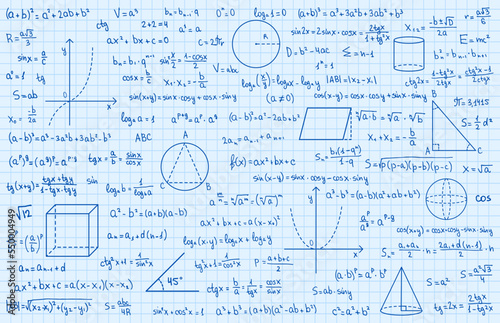 Mathematics theory and mathematical formula. Handwritten symbols isolated on blue background with hand drawn formulas used for school education and paperwork. Vector illustration.
