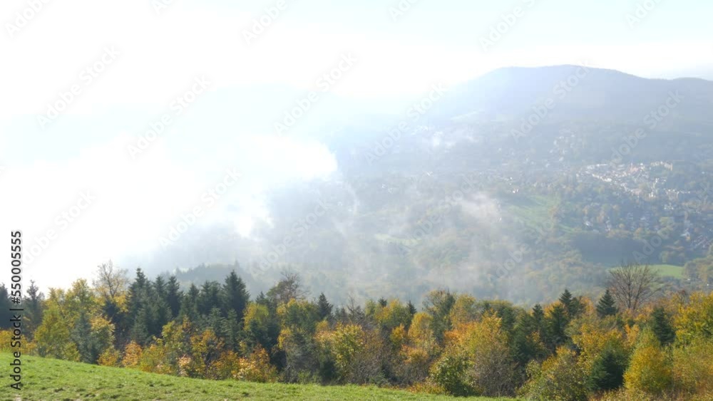 Beautiful dense fog over the valley, view from large, tall green grass. Germany, Baden-Wurttemberg, region Swabian forest, over valley Baden Baden, rural landscape and forest in autumn Beautiful dense fog over the valley, view from large, tall green grass. Germany, Baden-Wurttemberg, region Swabian forest, over valley Baden Baden, rural landscape and forest in autumn