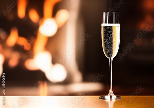 AI-generated Image Of A Glass Of Champagne With A Fireplace In The Background