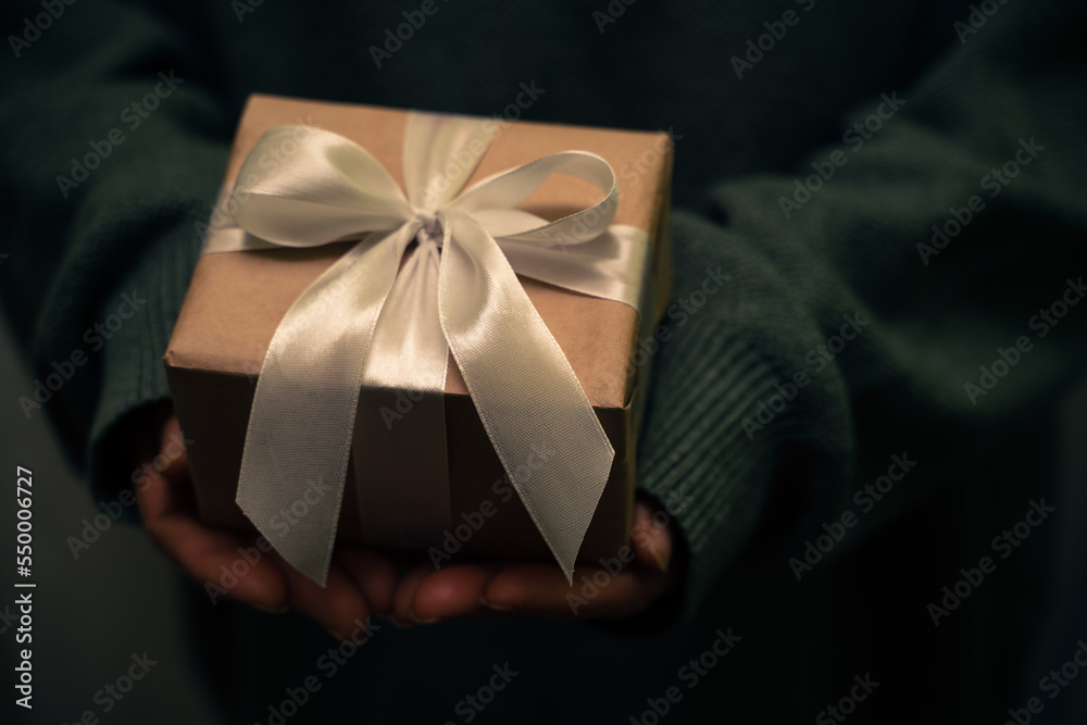 Female hands hold a craft gift box. Christmas, birthday concept Female hands hold a craft gift box. Christmas, birthday concept