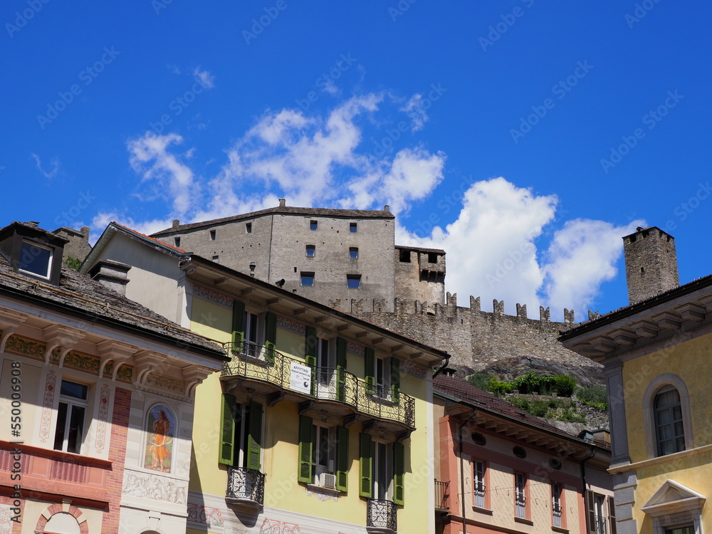 Old houses and stony castle in Bellinzona city Switzerland