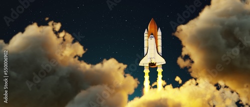 Space Shuttle Launch. Spaceship takes off into night sky. 3d rendering