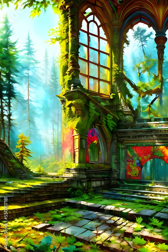 ruins in a fantasy colored forest with intricate mural on a sunny day - vibrant colors - painting - illustration