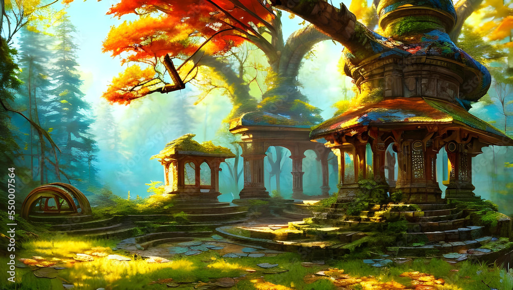 ruins in a fantasy colored forest with intricate mural on a sunny day - vibrant colors - painting - illustration