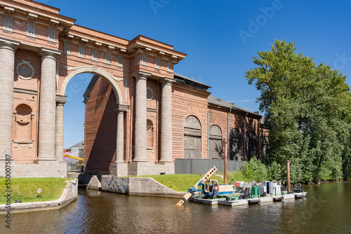 Arch of Vallin Delamothe brick building of New Holland in Saint-Petersburg