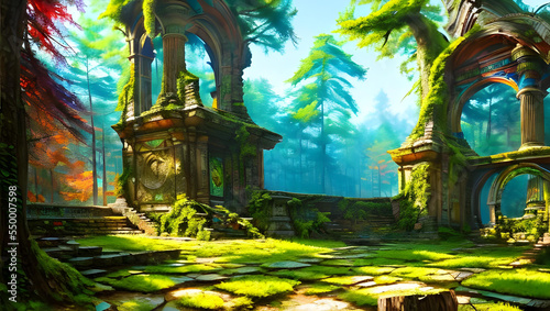 Ruins in a fairytale imaginative colourful forest with intricate wall painting on a sunny day - bright colours - painting - illustration