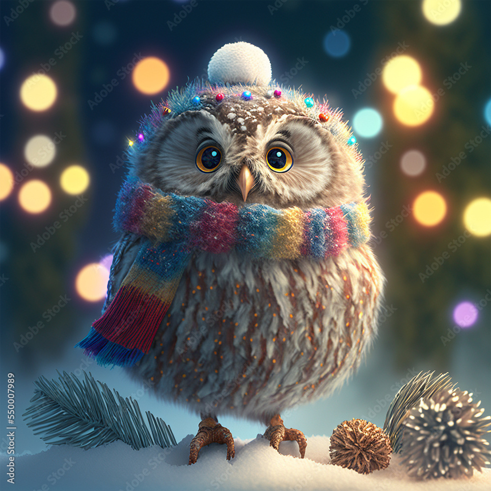 Obraz premium cute owl with scarf on snow ground with bokeh light of Christmas light as background Generative Ai