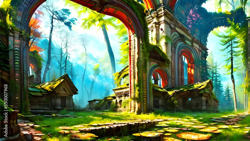 Ruins in a fairytale imaginative colourful forest with intricate wall painting on a sunny day - bright colours - painting - illustration