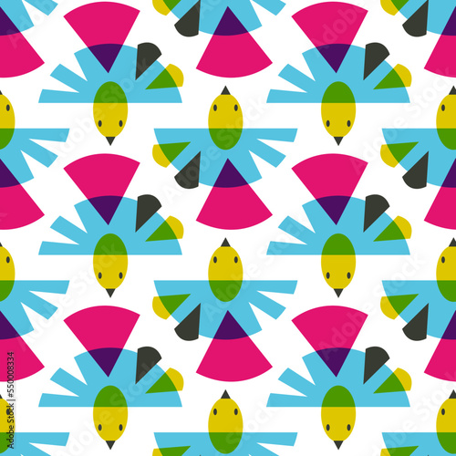 Retro Blue Shape Winged Birds Vector Seamless Pattern