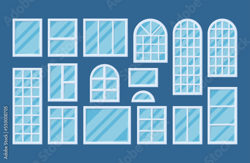 Vector house building windows types set. Shining rectangle and arch french windows with reflections and shadows isolated illustration