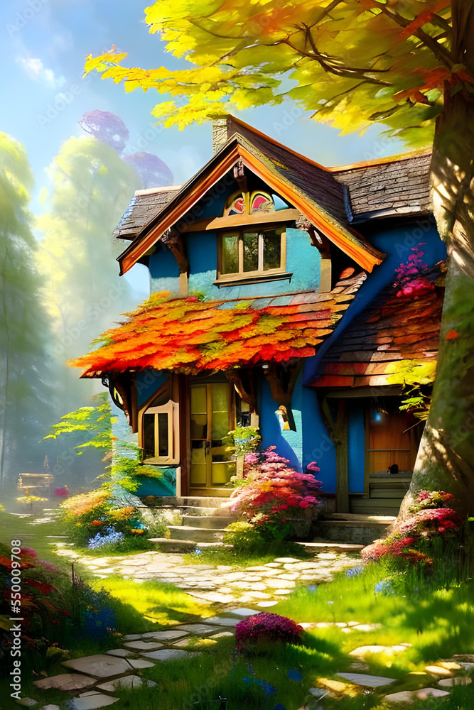 an old, enchanted and overgrown wooden house / mansion with elaborate wall painting in a fabulously imaginative colourful forest on a sunny day, bright colours, colourful leaves, painting 
