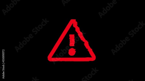 Alert symbol light flashing on screen. Alarm and warning icon on display. Loopable and seamless abstract concept with noise and modern glitch.