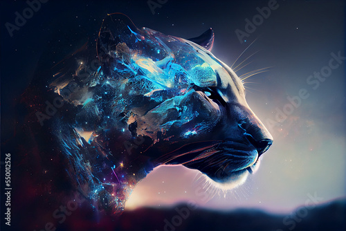Double exposure of a black panther and the night sky