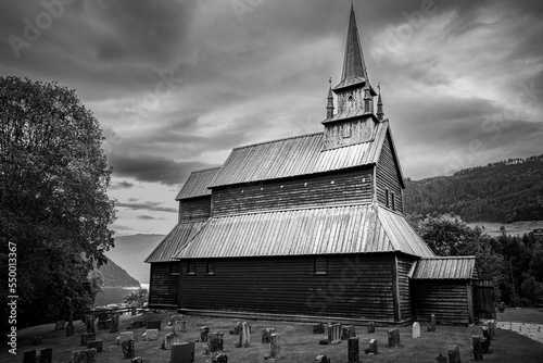 low angle view of historical stave church in Norway photo