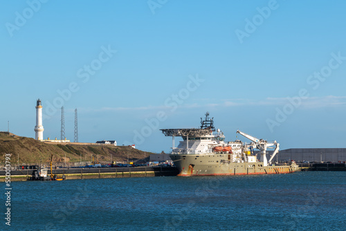 25 November 2022. Aberdeen, Scotland. This is the Boka Atlantis, Offshore Support Vessel berthed within the unfinished but new part of Aberdeen Harbour. photo