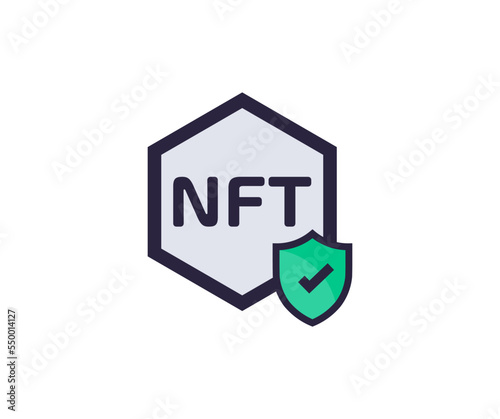 NFT non fungible token protection logo design. Shield protection icon symbol element. Cryptographic art security, Cyber security platform vector design and illustration.
