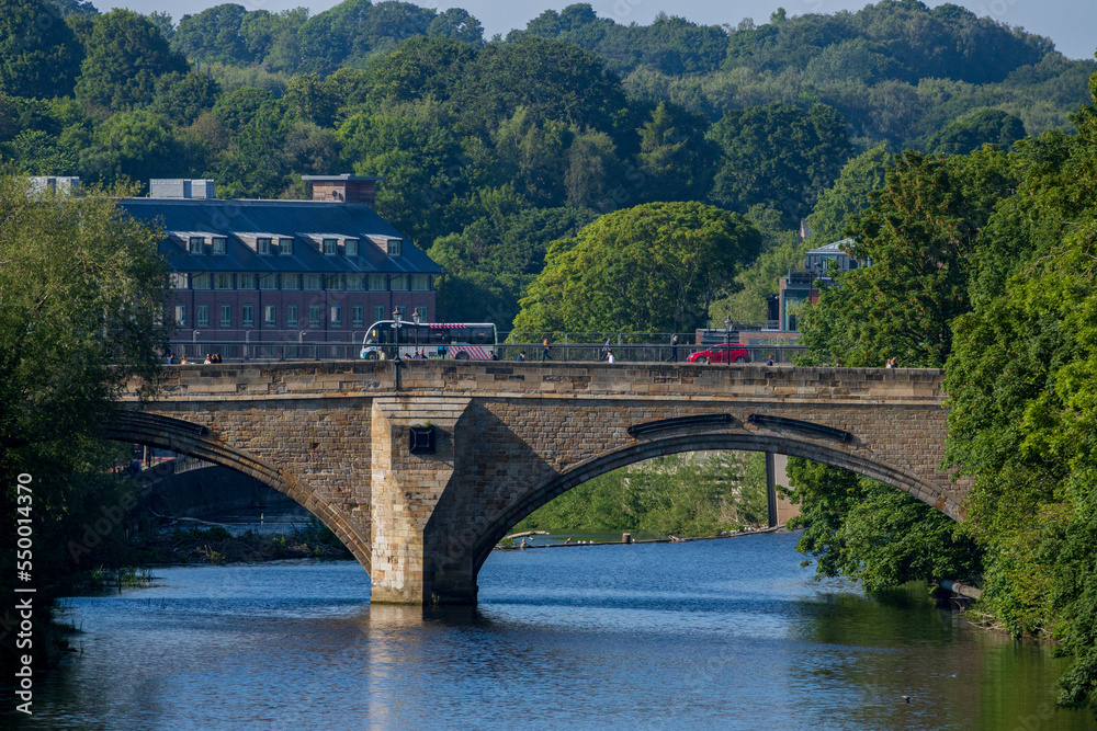 Durham England: 2022-06-07: Bridge over the River Wear in Durham city exterior during sunny summer day