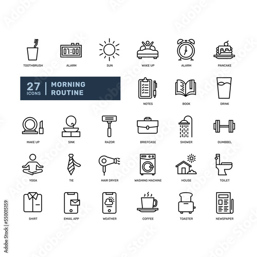 morning routine cosmetics daily activity lifestyle fresh fitness wake up detailed thin outline line icon set. simple vector illustration