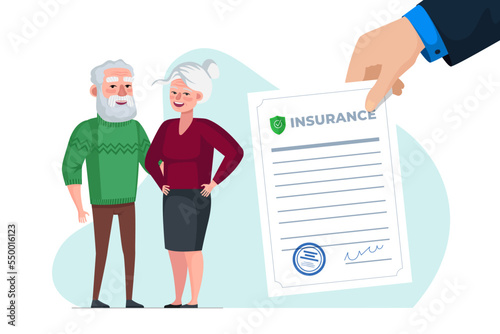 Elderly life and health insurance policy. Senior couple medical protection coverage guarantee document. Grandparents healthcare support. Old people wellbeing and healthy aging vector eps illustration