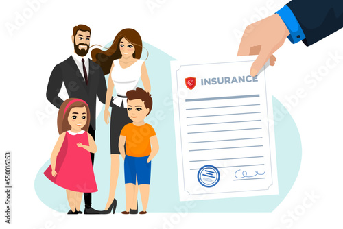 Family life and health insurance policy. Parents and children medical protection coverage guarantee document. Young couple and kids healthcare support. People healthy and safety vector illustration