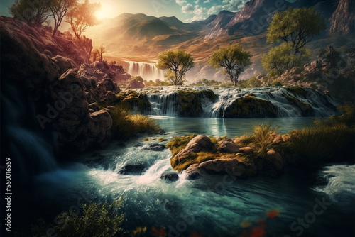 Fotografia Illustration of beautiful mountain river with cascades and waterfalls