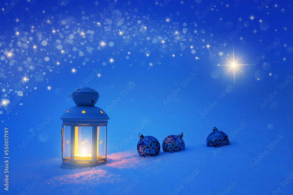 Christmas card in the form of a lantern, balls for a Christmas tree and a star with lights. Christmas Eve Christmas card in the form of a lantern, balls for a Christmas tree and a star with lights. Christmas Eve