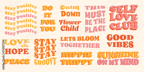 Set of Hippie slogans, vintage quote 70s style. Good vibes, stay positive, stay groovy and etc. trendy retro ettering text design for posters, t-shirt, cards and stickers.