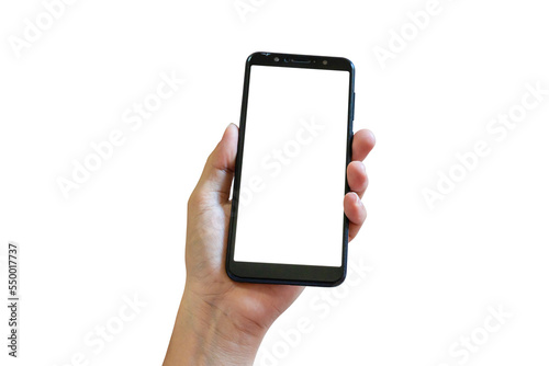 Hand holding Smartphone isolated on transparent background PNG file