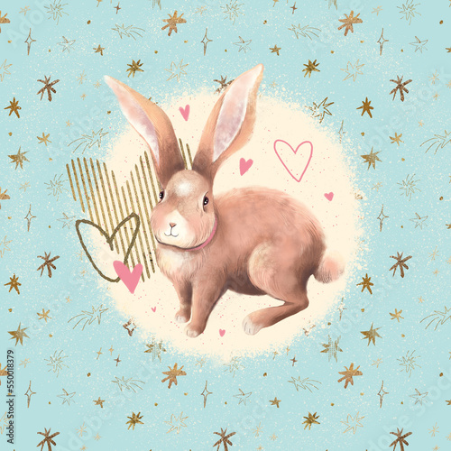 Composition with cute rabbit illustration, hearts and stars (ID: 550018379)