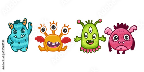 set of cartoon monsters. Cute monsters. Kids funny character design for posters, cards., magazins. Vector illustration