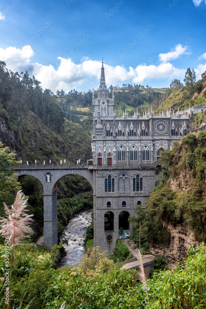 The National Shrine Basilica of Our Lady of Las Lajas over the Guáitara River in Narino Department of Colombia in Ipiales, considered one of the most beautiful churches in the world