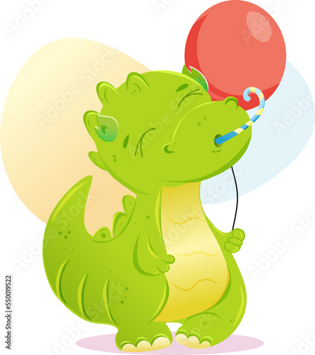 Green dinosaur with a balloon blowing a party horn © Kalinina Larisa