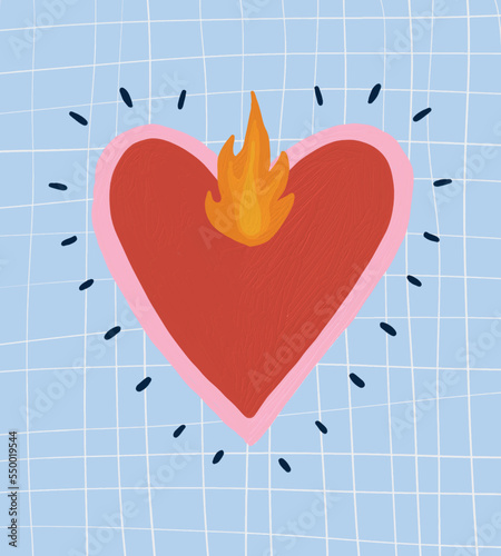Simple Infantile Style Vector Illustration with Red Heart with Flame on a Blue Checkered Background. Abstract Hand Drawn Sacred Heart of Jesus. Love Symbol Print ideal for Wall Art, Poster, Card.