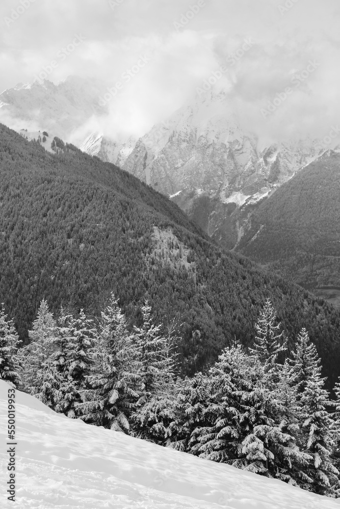 Black and white snow covered forrested mountains in winter. Mountain evergreen forests covered in snow alpine landscape wallpaper or screensaver (Verbier, Swizterland)