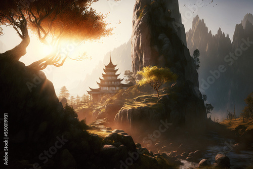 Fotografia Concept art illustration of Shangri-La fictional land
