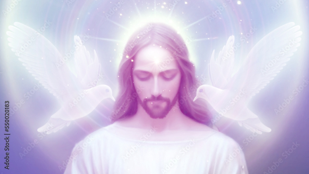 Jesus Christ with doves 3D illustration, Cover Image, Thumbnail - obrazy, fototapety, plakaty 