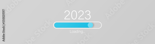 2023 loading bar on gray background. New year downloading.