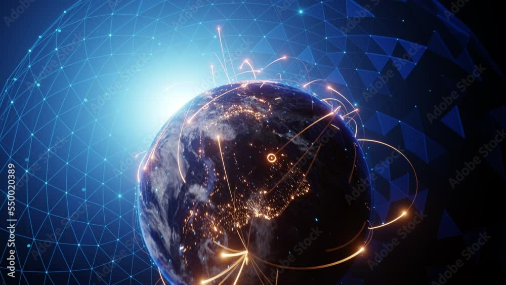 4K resolution, Tech Earth Globalization networking, orange line lights transmit data, Transfer speed data internet, triangle digital data, zoom out camera