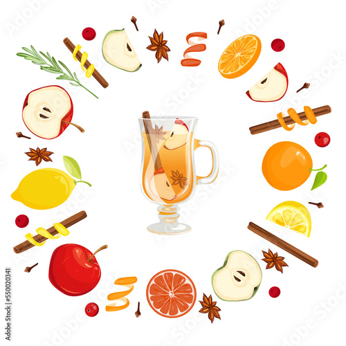 A set of ingredients, spices and fruits for apple punch.Apple, clove, lemon, cinnamon, star anise, orange, cranberry.Elements for Christmas, winter design, menu.Vector illustration.