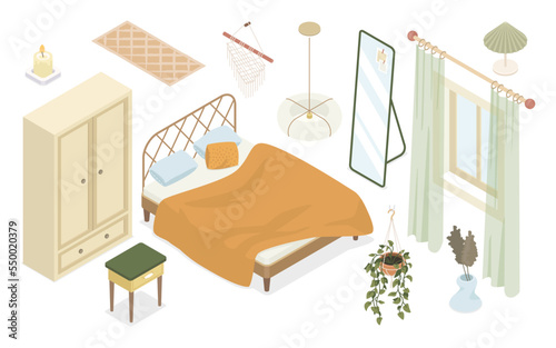 Bedroom furniture - modern vector colorful isometric illustrations set