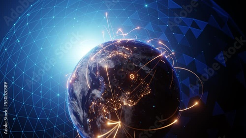 4K resolution, Tech Earth Globalization networking, orange line lights transmit data, Transfer speed data internet, triangle digital data, zoom out camera