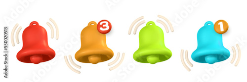 3d notification bell. Cute realistic yellow ringing bell. Vector illustration